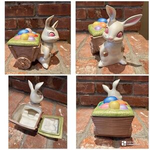 Vtg 70s CERAMIC EASTER BUNNY RABBIT W/ CART LID CANDY EGG DISH